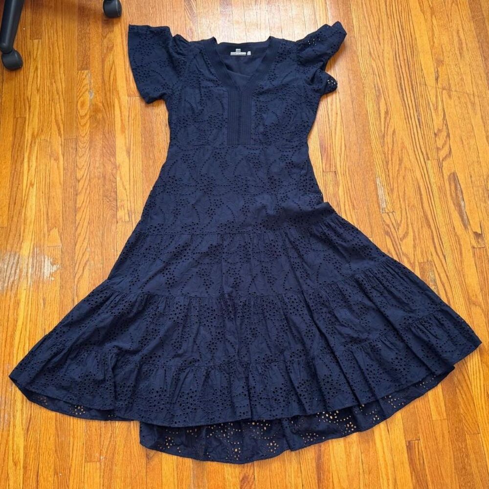 Chico's Navy Blue Eyelet Tiered Midi Dress Short Sleeve V-Neck Size 1 (US 8)